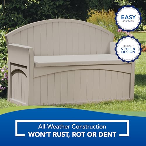 Suncast 50 Gallon Patio Bench with Storage - Decorative Resin Outdoor Patio Bench for Deck, Patio, Garden, Backyard - Ideal for Storing Toys, Cushions, Tools - Taupe ()