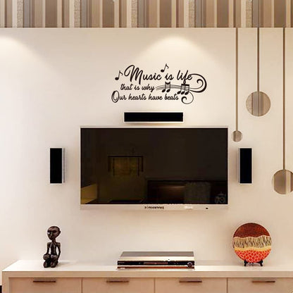 Music is Life that is why Our Hearts Have Beats Notes Music Score Instrument - Carved Black Vinyl Wall Decal Art Letters Quotes Home Decor Wall Letters Without Transparent Edge Not Printed Sticker