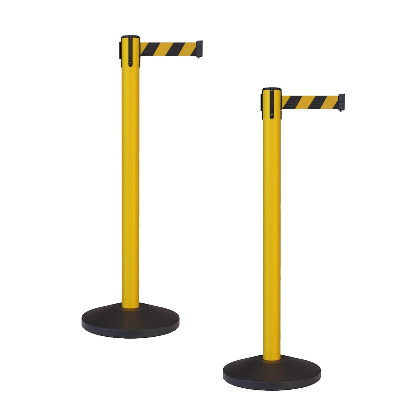 Crowd Control Warehouse - CCW Set of 2 Safety Retractable Belt Barrier Stanchion, Sloped Base, Yellow Post, RBB-100-11 ft Belt, Black and Yellow Diagonal Belt