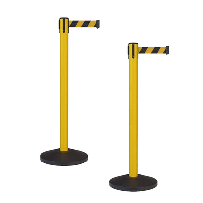Crowd Control Warehouse - CCW Set of 2 Safety Retractable Belt Barrier Stanchion, Sloped Base, Yellow Post, RBB-100-11 ft Belt, Black and Yellow Diagonal Belt