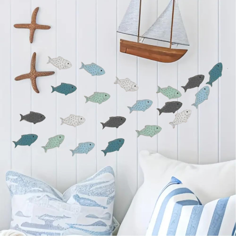 CHENSHUO Set of Wood Fish Wall Decor,Wooden Fish Wall Art,Coastal Themed Wood Fishs Walls Decoration,Beach Theme Decorations,20 Pieces.