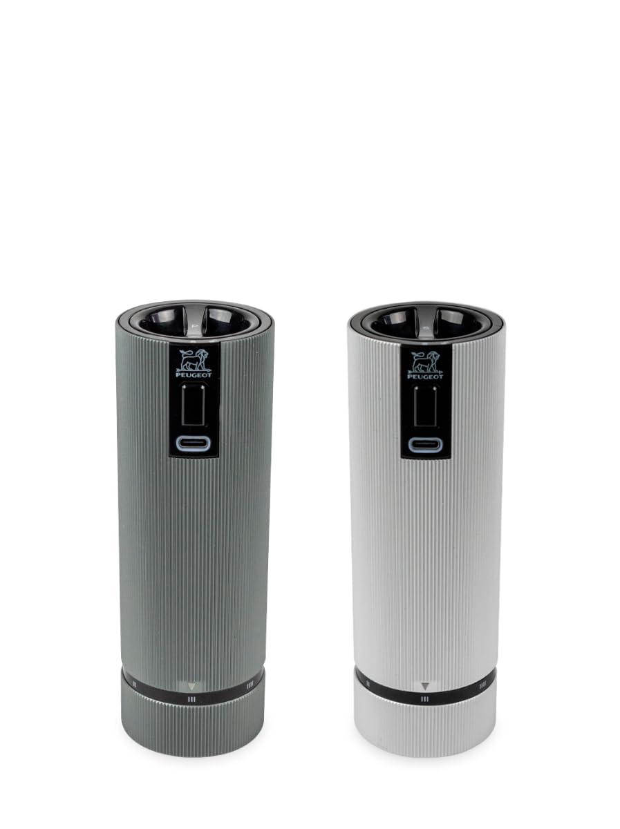 PEUGEOT-Line Duo Electric Rechargeable Pepper Mill & Salt Mill - u'Select Grind Adjustment with 6 Preset Settings 15 cm - 6 in. Carbon and Aluminium Color