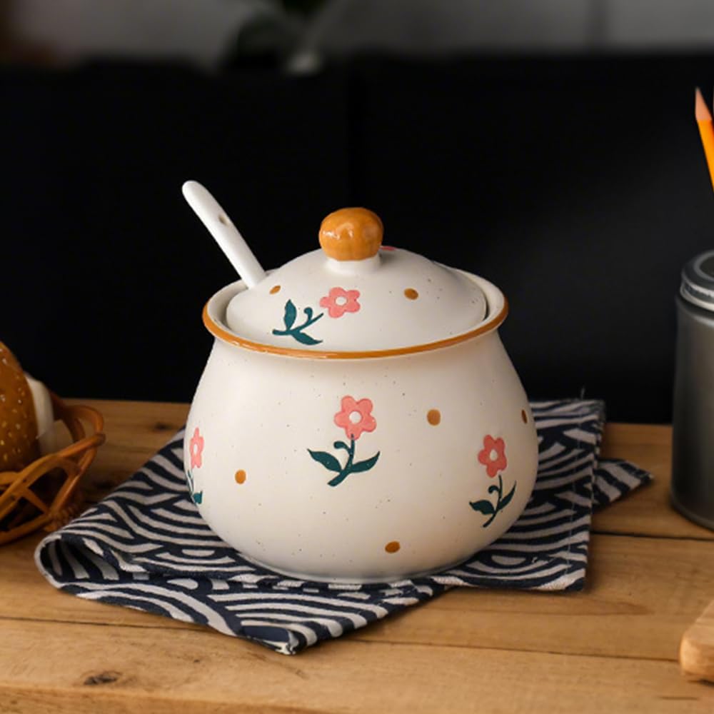 Lifenanny Sugar Bowl with Lid and Spoon, 300ml Floral Ceramic Condiment Jars Pots 10 OZ Spice Container Seasoning Canisters Box for Kitchen Coffee Bar, Yellow Flower