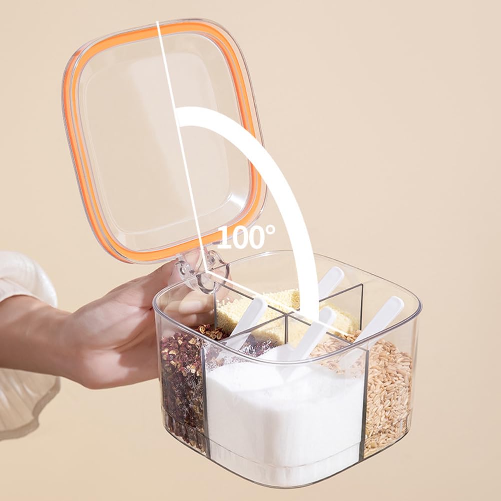 luzen 1PC Clear Plastic 4 Compartments Seasoning Box with Spoon and Lid Home Kitchen Condiment Jar Spice Container Spice Salt Canister Kitchen Gadgets for Kitchen Cooking Supplies, Orange