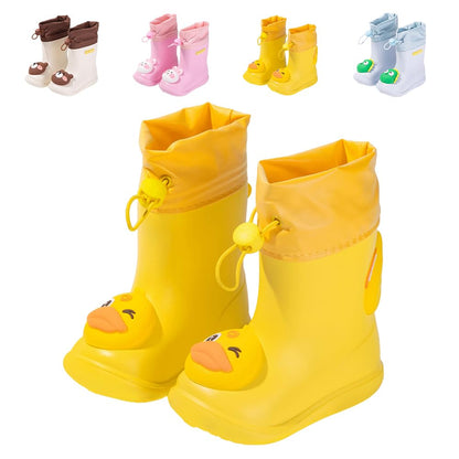 DRECAGE Boys Rain Boots with Pull On Drawstring Closure for Kids Waterproof Non-Slip Wellies Rubber Rain Shoes Outdoors Yellow Duck 5 UK Child 140 MM
