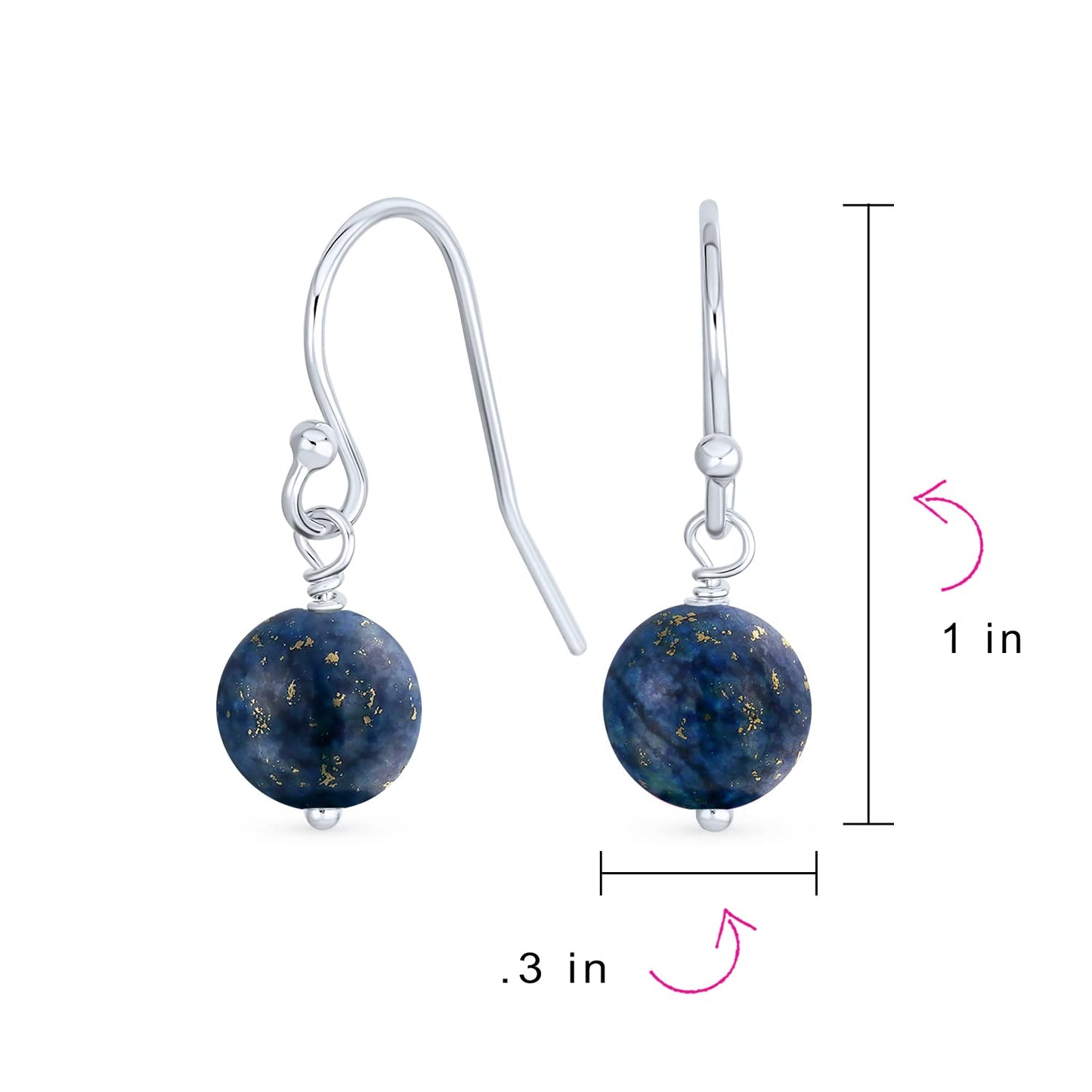 Bling Jewelry .925 Sterling Silver Blue Turquoise Lapis Lazuli Green Malachite Bead 8mm Dangle Ball Drop Earrings For Women French Fish Hook Wire (Set of 3) Genuine Gemstone