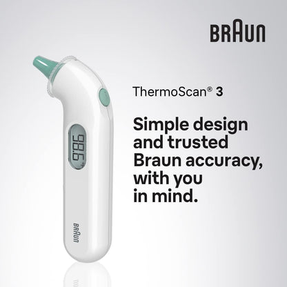 Braun ThermoScan 3 Ear Thermometer, Fast 1 Second Measurement, Audio Fever Indicator, Digital Display, Baby and Infant Friendly, No. 1 Brand Recommended by Pediatricians
