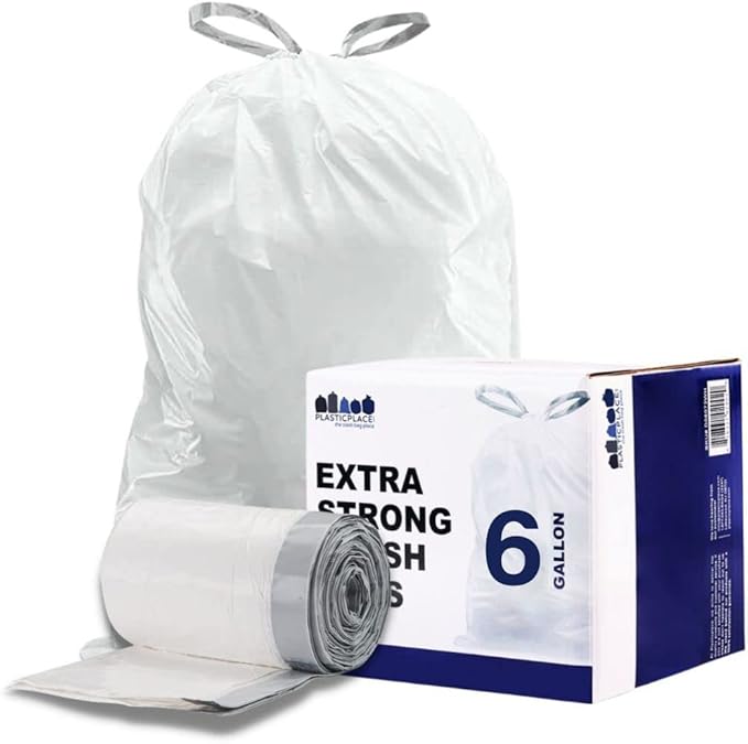Plasticplace 6 Gallon Trash Bags White Drawstring Garbage Can Liners, 17” x 20”