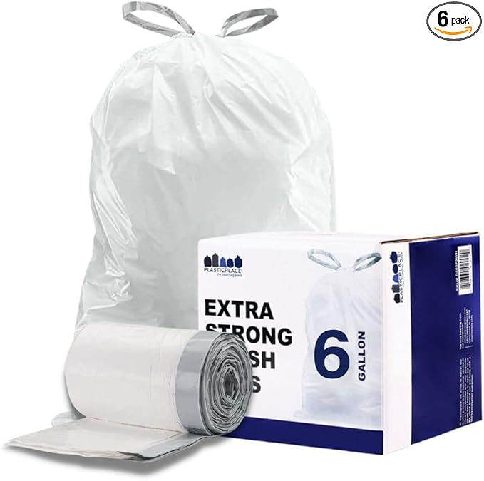 Plasticplace 6 Gallon Trash Bags White Drawstring Garbage Can Liners, 17” x 20”
