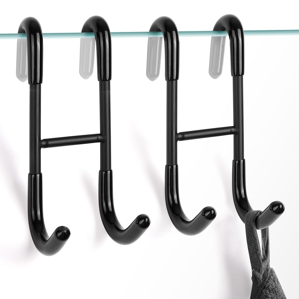 NINETREX Shower Door Hooks,Over Glass Door Hooks for Bathrooms Frameless Glass,Heavy Duty SUS 304 Stainless Steel Hook for Towels,Squeegee,Loofah,Shaver,Robe,2 Pack,Black