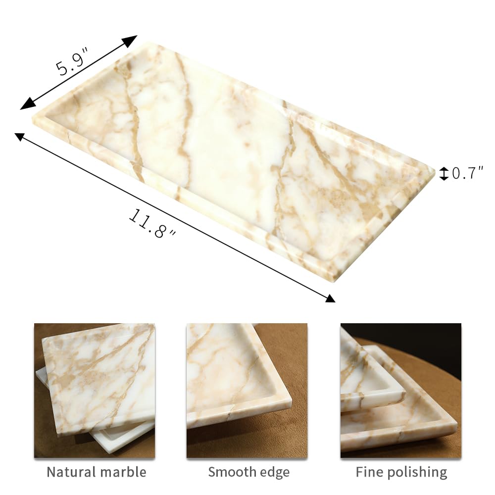 DUANYAN Natural Marble Tray for Kitchen Counter Living Room, Stone Plate for Fruit Jewelry Perfume Cosmetics Key, Decorative Tray for Table Decor (Calacatta-Glod/Rectangular 11.8"x5.9"x0.7")