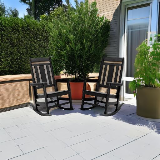 LUE BONA Outdoor Rocking Chairs Set of 2, Weather Resistant Poly Plastic Rocker, 350lb Heavy Duty, Oversized Porch Rocker for Adult, High Back Smooth for Outdoor & Indoor, Black
