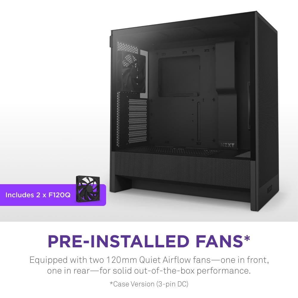 NZXT H5 Flow - Compact ATX Mid-Tower PC Gaming Case - High Airflow - 2 x 120mm Fans Included - 360mm Front & 240mm Top Radiator Support - Cable Management System - Tempered Glass - Black