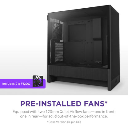 NZXT H5 Flow - Compact ATX Mid-Tower PC Gaming Case - High Airflow - 2 x 120mm Fans Included - 360mm Front & 240mm Top Radiator Support - Cable Management System - Tempered Glass - Black