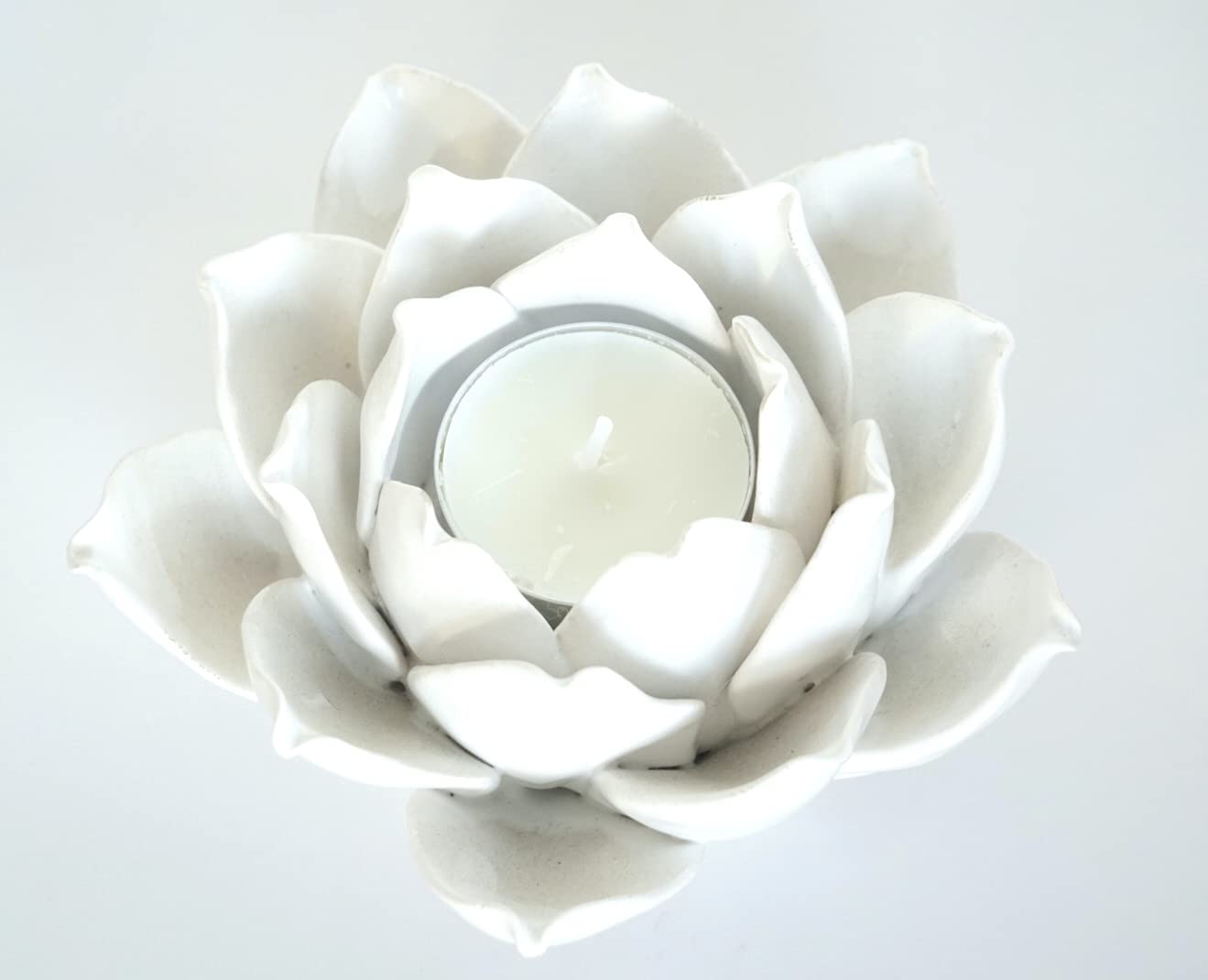Ceramic Lotus Petals Style Flower Candle Holder Tea Lights Holder Home & Table top Decoration (White)