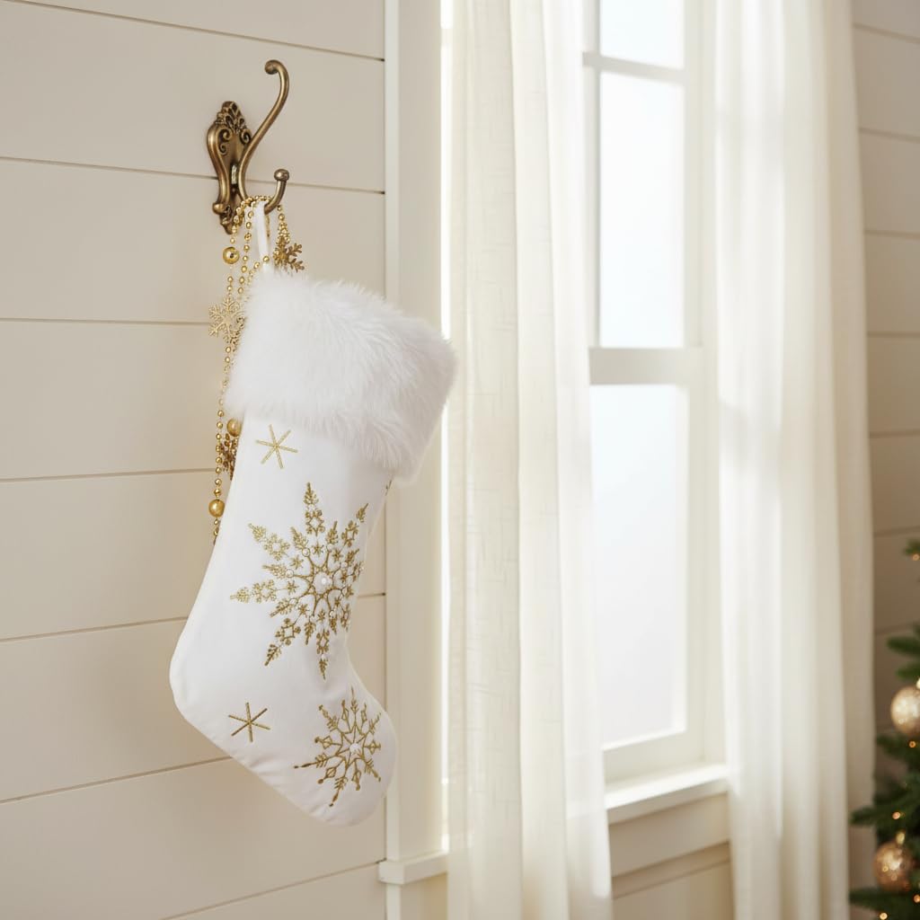 Comfy Hour 18" White Velvet Christmas Stocking, Gold Snowflake Embroidery with Faux Fur Trim, Elegant Holiday Mantel Hanging Decor, Traditional Winter Accent, Artisan Crafted Textile, 1 Unit