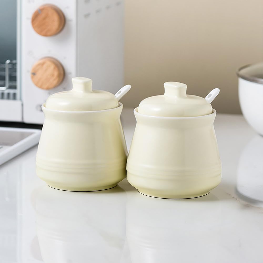 YMYL 2 Pcs Ceramic Sugar Bowls with Lid and Spoon, Farmhouse Seasoning Storage Jar Salt Container for Sugar, Pepper, Coffee, Spice, Salt (Apple Green)