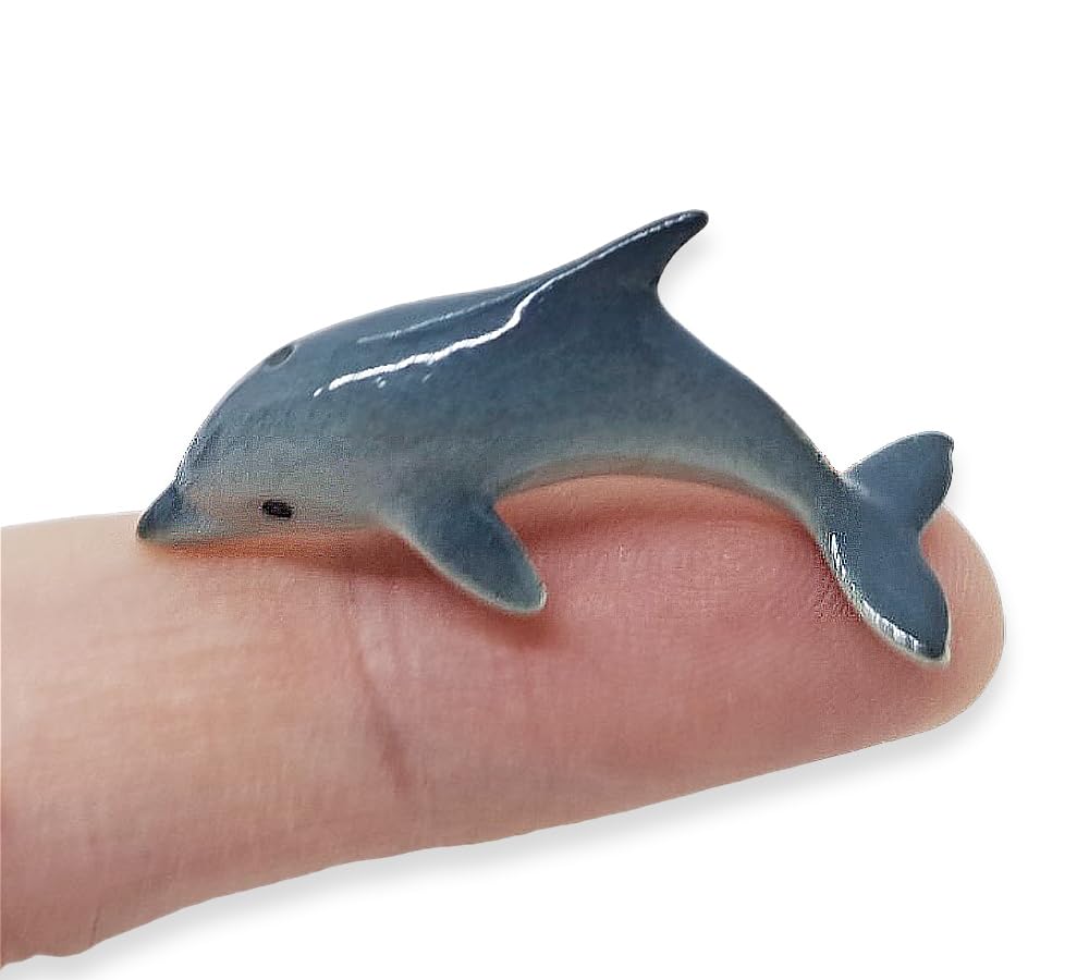 WitnyStore Tiny 1¼" Blue Gray Curved Dolphin Figurine - Miniature Hand Made Ceramic Dolphins Porpoises Whales Marine Mammal Aquatic Sea Animals Fish Porcelain Decorative Collectible Figure Décor Gifts