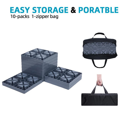 GarfatolRv Heavy Duty RV Leveling Blocks 10 Pack, Interlocking Camper Levelers with Non-Slip Surface, Stackable Jack Pads for RV, Trailer & Camper, Includes Carry Storage Bag, Gray