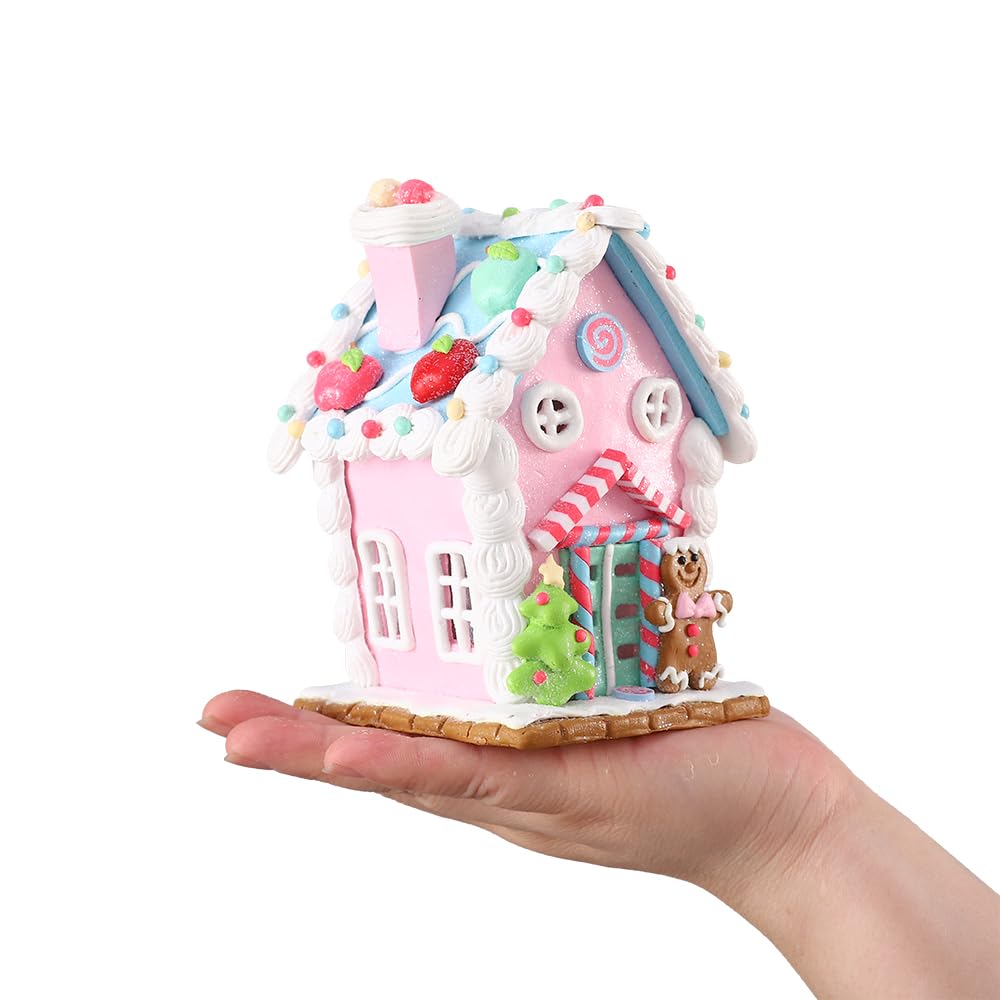 Christmas Pastel Gingerbread House Ornaments Decorations,Soft Clay Pastel Pink Small Candy House Christmas Ornaments with Light for Christmas Tree Hanging Pendants Xmas Tabletop Decoration