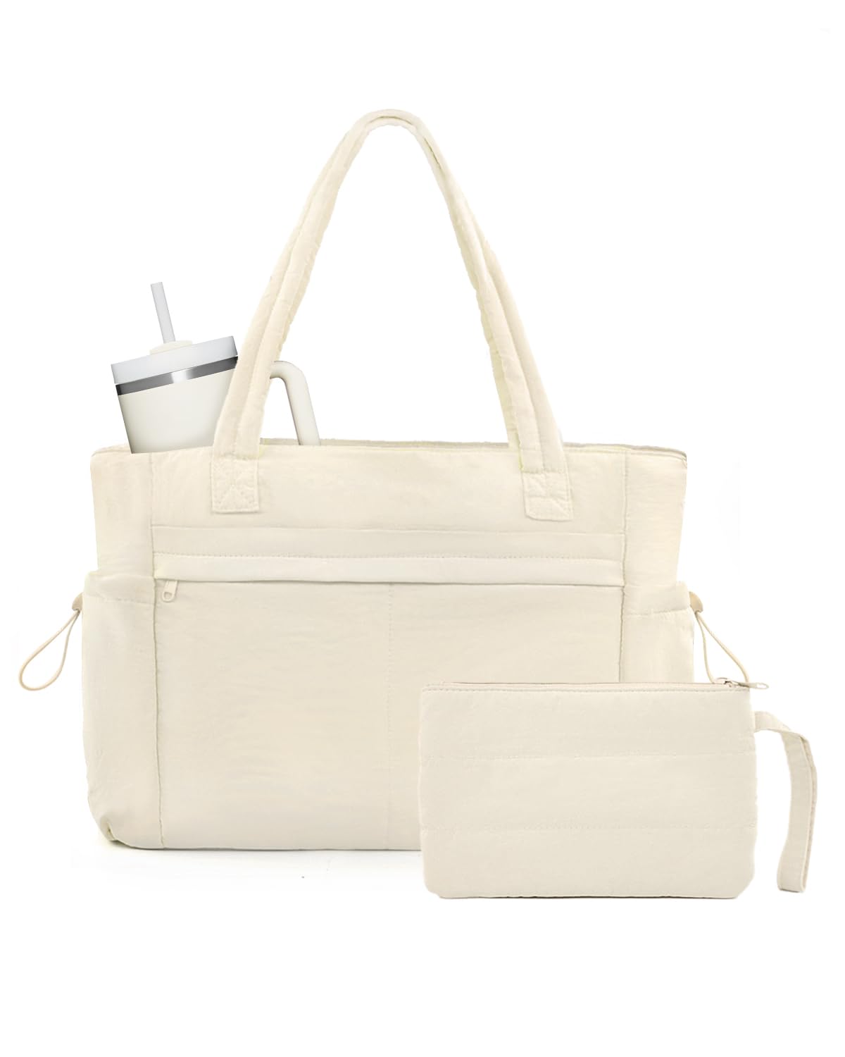 Tote Bag for Women, Puffer Work Tote Bag with 15.6 Inch Padded Compartment and Cup Holder, Shoulder Bag Handbag with Zipper for Travel Teacher Nurse, Beige