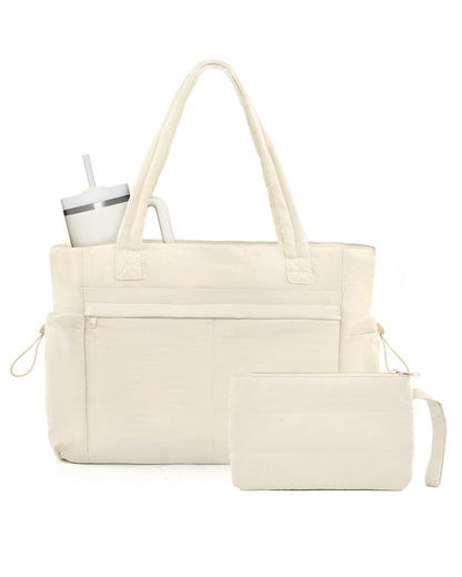 Tote Bag for Women, Puffer Work Tote Bag with 15.6 Inch Padded Compartment and Cup Holder, Shoulder Bag Handbag with Zipper for Travel Teacher Nurse, Beige