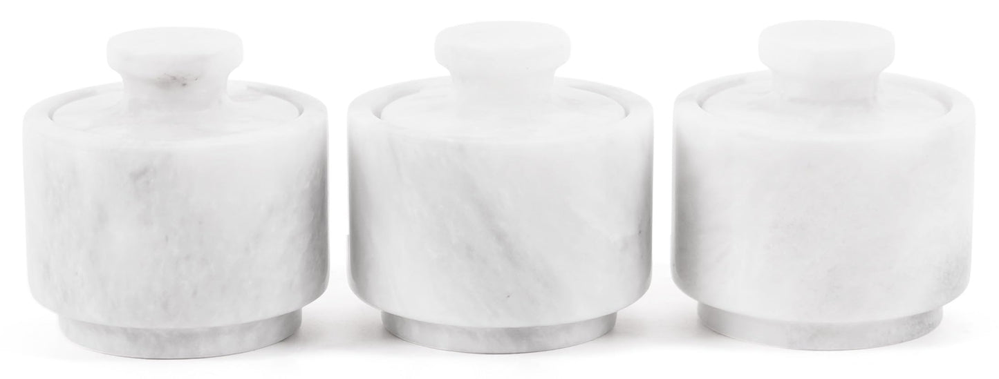 MARBLOUS KRAFTS Set of 3 Marble Salt Cellars with Lids 3" Inch White Salt Holders for Kitchen, Dining, Spices, or Gifts, Modern, Practical Storage for Salt & Spices in Any Kitchen or Dining Room.