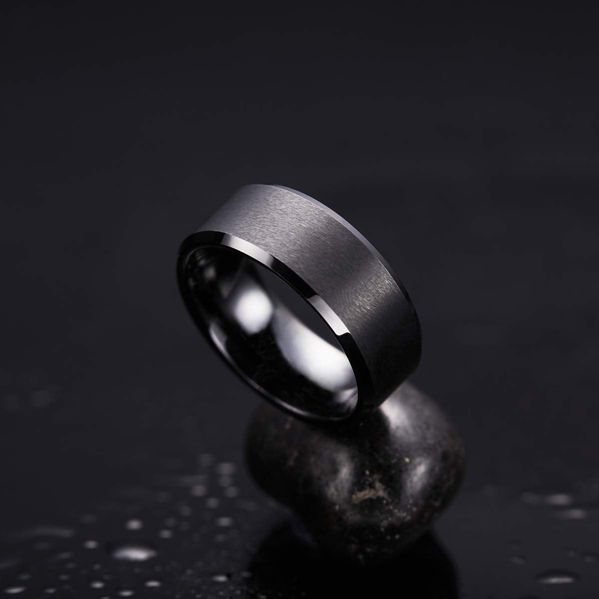 King Will 9mm Men's Black Wedding Ring - Brushed Matte Surface, Beveled Polished Edge, Comfort Fit Size 14