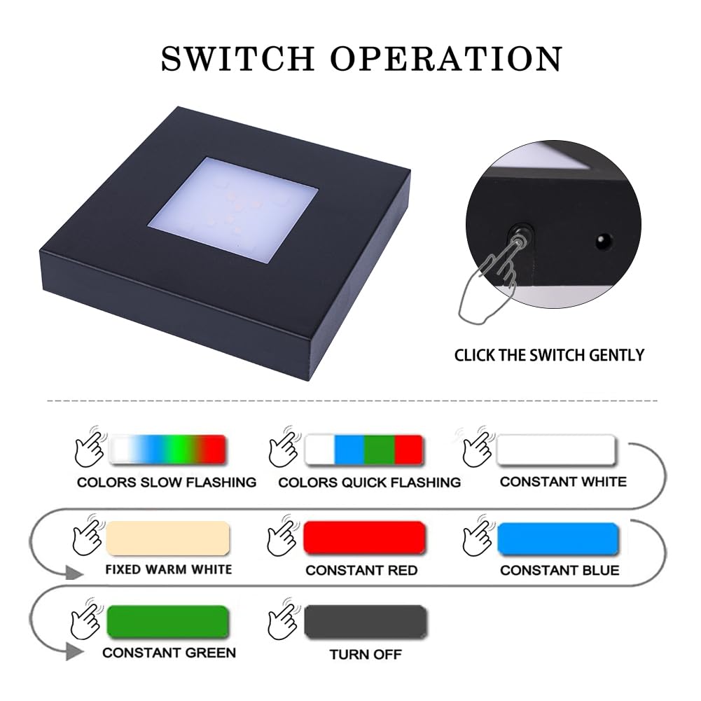 PHOSOK 4.33 inch LED Multimodal Multicolor Light Stand Base - Black Square Display Base for 3D Crystal Glass Art - USB/Battery Powered Crystal Stand