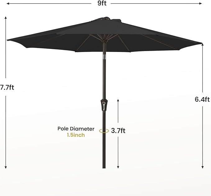 MEWAY 9ft Patio Umbrella Outdoor Table Umbrellas with Push Button Tilt and Crank, Market Umbrella 8 Sturdy Ribs for Deck, Garden, Pool and Backyard, Black