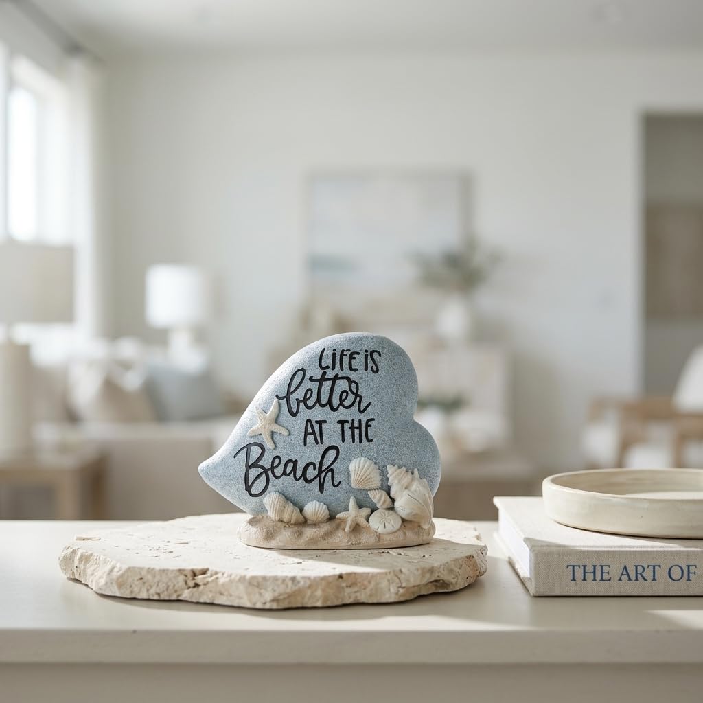 DOVDOV Resin Beach Decor Statue with Seashell and Starfish Accents, Coastal Heart Tabletop Sculpture with Life is Better at the Beach Message for Shelf Mantel Desk Home Display (Blue)