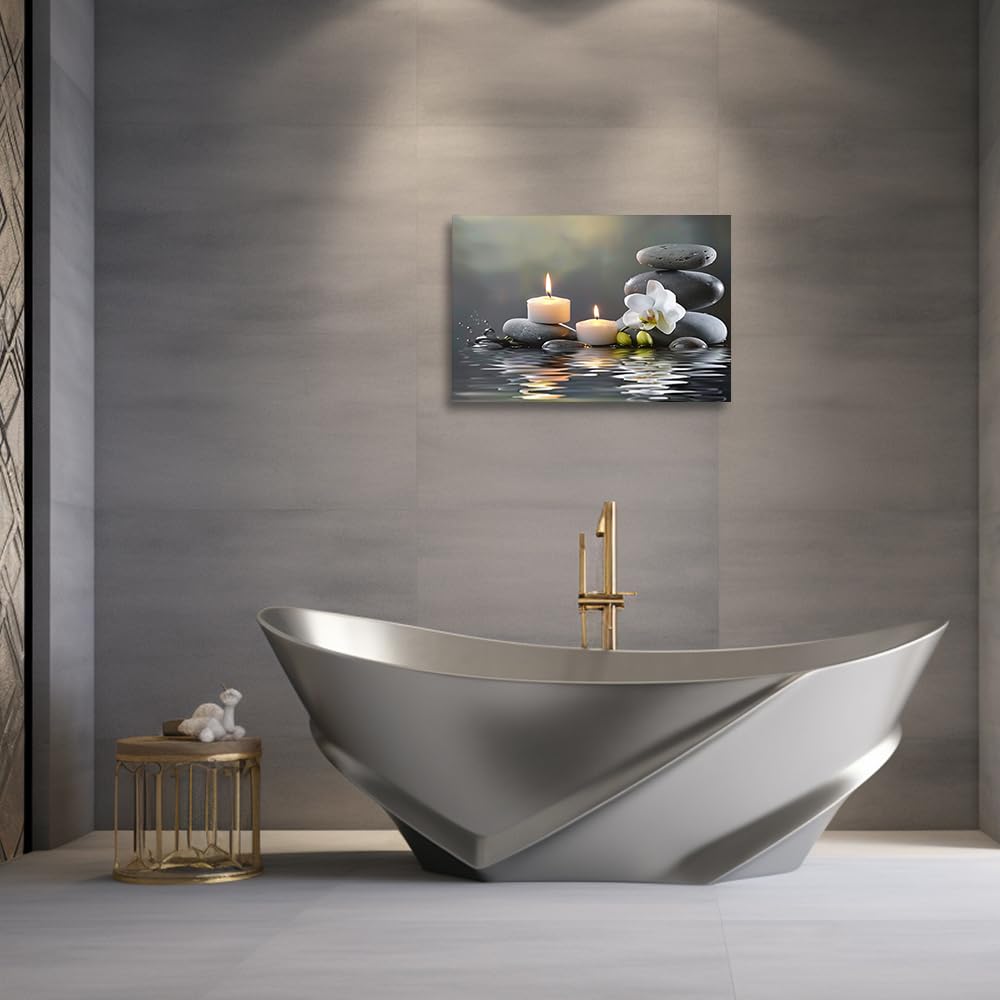 CGXLB Zen Stone Wall Art Candles & Orchid Painting Serene Water Decor for Spa Bathroom Bedroom Meditation Room 12"x18"