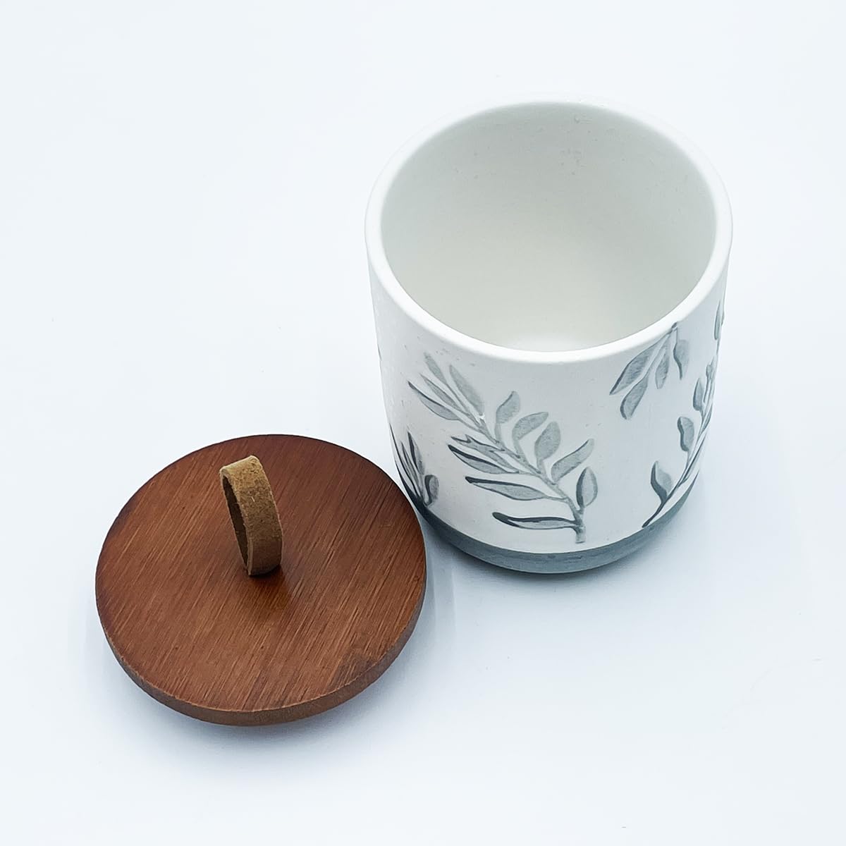 EWEIGEER 10oz Ceramic Airtight Food Storage Container with Wooden Spoon for Sugar,Matcha,Salt,Coffee,Spices,Cat Treat,Loose Leaf Tea(Gray-Green Olive Leaves)