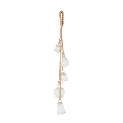 Deco 79 Metal Indoor Outdoor Decorative Bells Tibetan Inspired Cascading Meditation Bell with 5 Bells on Jute Hanging Rope, Cow Bell 3" x 3" x 28", White