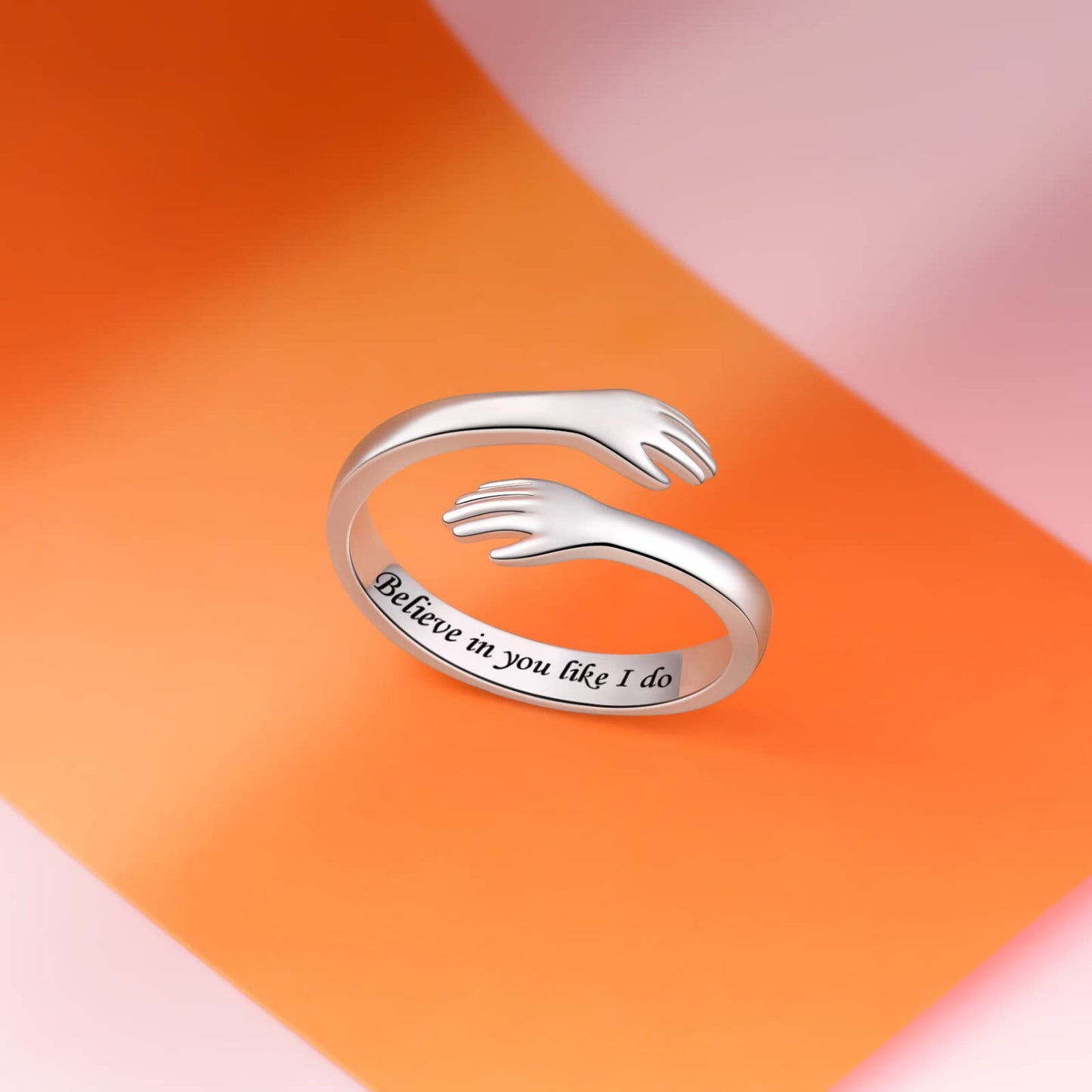 ACJFA Hug Rings for Women Sterling Silver Adjustable Ring for Women Daughter Hand Ring Jewelry for Birthday Gifts Holiday Gift for Teens(Believe in you like I do)