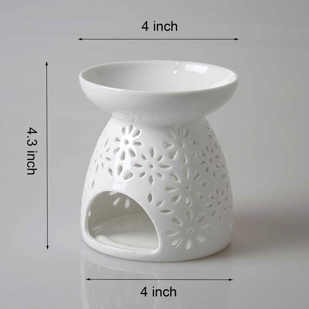 Ceramic Tea Light Holder, Aromatherapy Oil Burner, Wax Warmer, Tealight Holder with White Floral Pattern for Valentine's Day Gift
