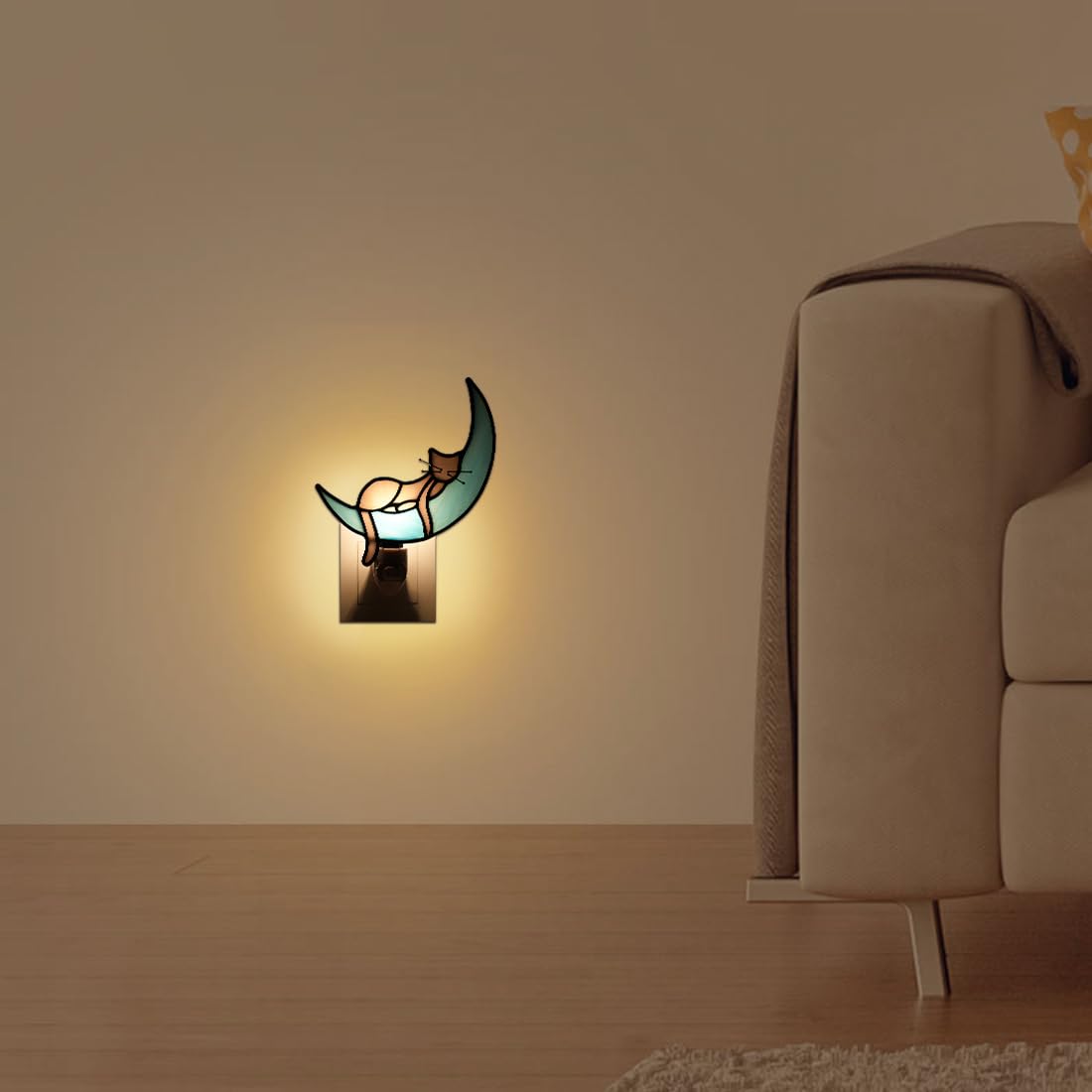 BOXCASA Cat on Moon Decor Stained Glass Night Lights Plug Into Wall Decorative,Night Light Plug in Decor for Children's Room Kitchen Toilet Bathroom,Cats Themed Gifts for Women Cat Lover