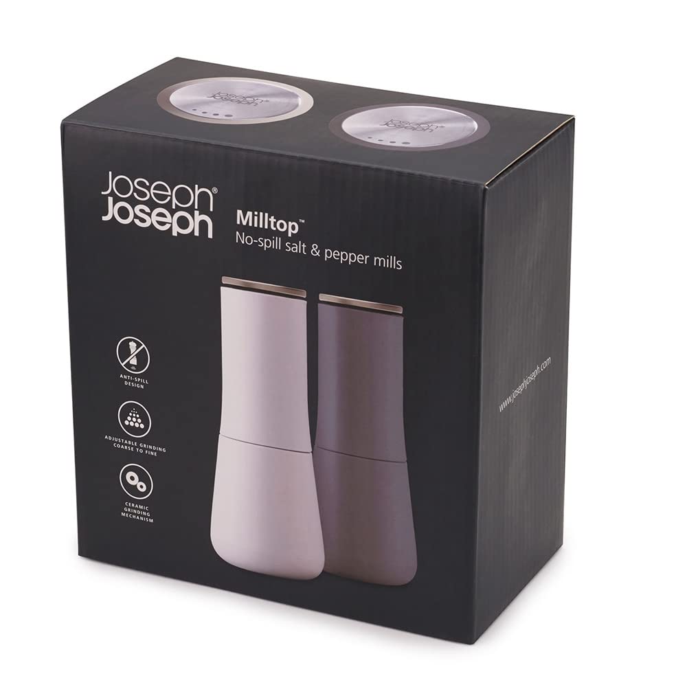 Joseph Joseph Milltop Non-Spill Salt and Pepper Mill Set Refillable with Ceramic Grinding, White/Grey, 24