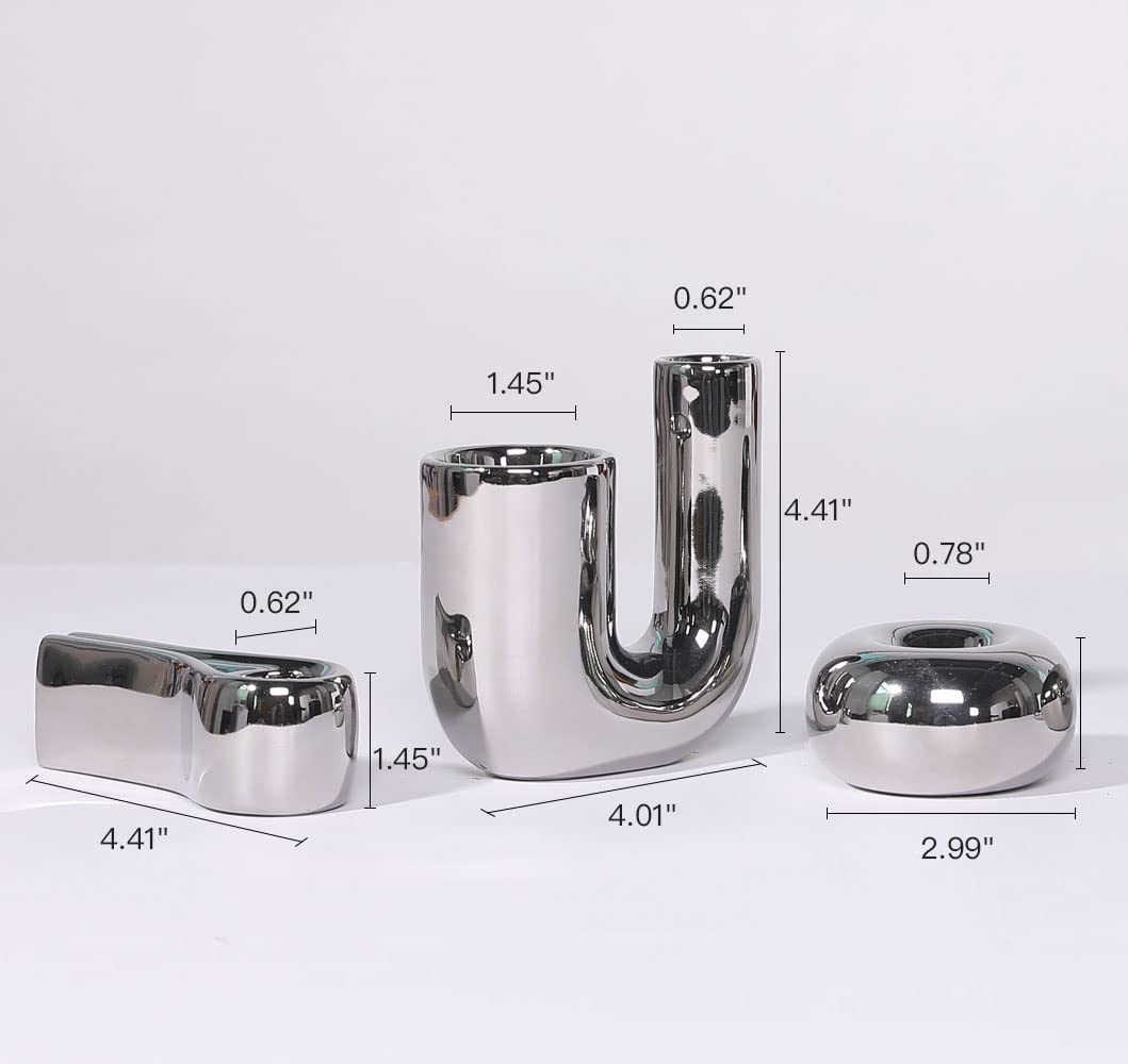 ITrixgan Silver Candlestick Holders, Decorative Taper Candle Holder Set Decor for Table Centerpiece Fireplace, Modern Silver Candle Holders Set, Aesthetic Ceramic Candle Stick Holder