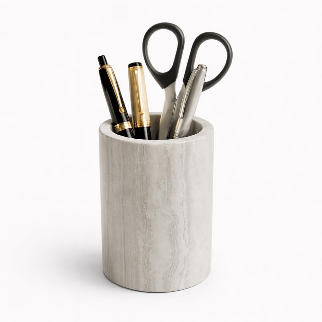 EEJHJNZZ Natural Marble Pen Holder for Desk, Handmade Organizer for Stationery & Makeup Brushes, Sturdy, Classic Grey Office Desk Decor and Gift Idea