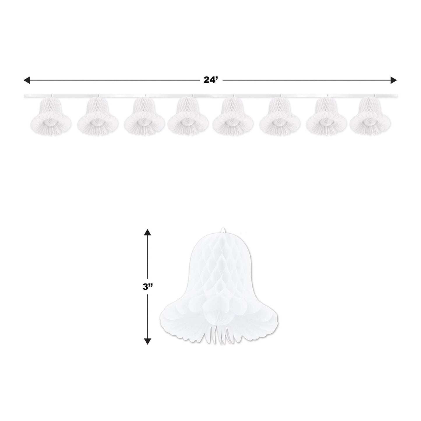 Beistle White Tissue Bell Streamers – 2 Hanging Bell Garland Decorations with Honeycomb Bells and Ribbon for Weddings, Bridal Showers, Engagement Celebrations and Bachelorette Party Decor, 24' Each