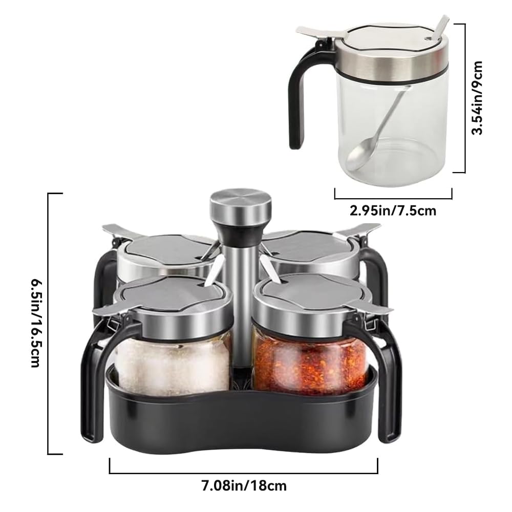 TINMIX Revolving Condiment Pots Sugar Bowl Salt & Pepper Cellar with Lid and Spoon, Set of 4 Seasoning Box Spice Jar with 360 Rotating Holder Tray for Kitchen, 4 Pots