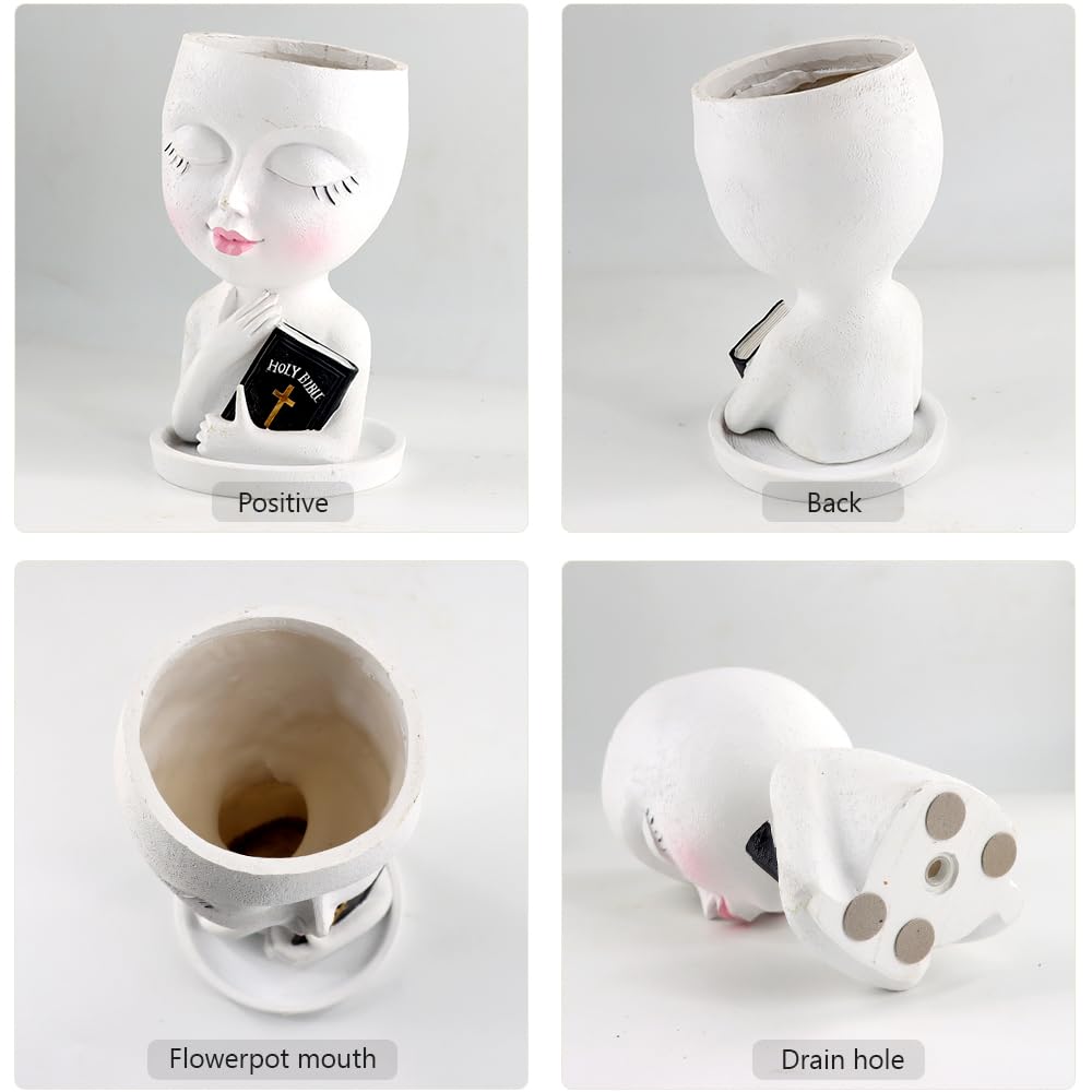 Meltset M Face Planters Pots Head for Indoor Outdoor Plant Unique Head Planter Holding Book Confessional Girl Face Flower Pot with Drainage for Succulent Cactus String Of Pearls Plant Gift Idea(White)