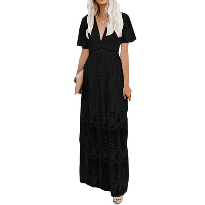 Womens Deep V Neck Short Sleeve Floral Lace Dress Long Bridesmaid Maxi Dresses