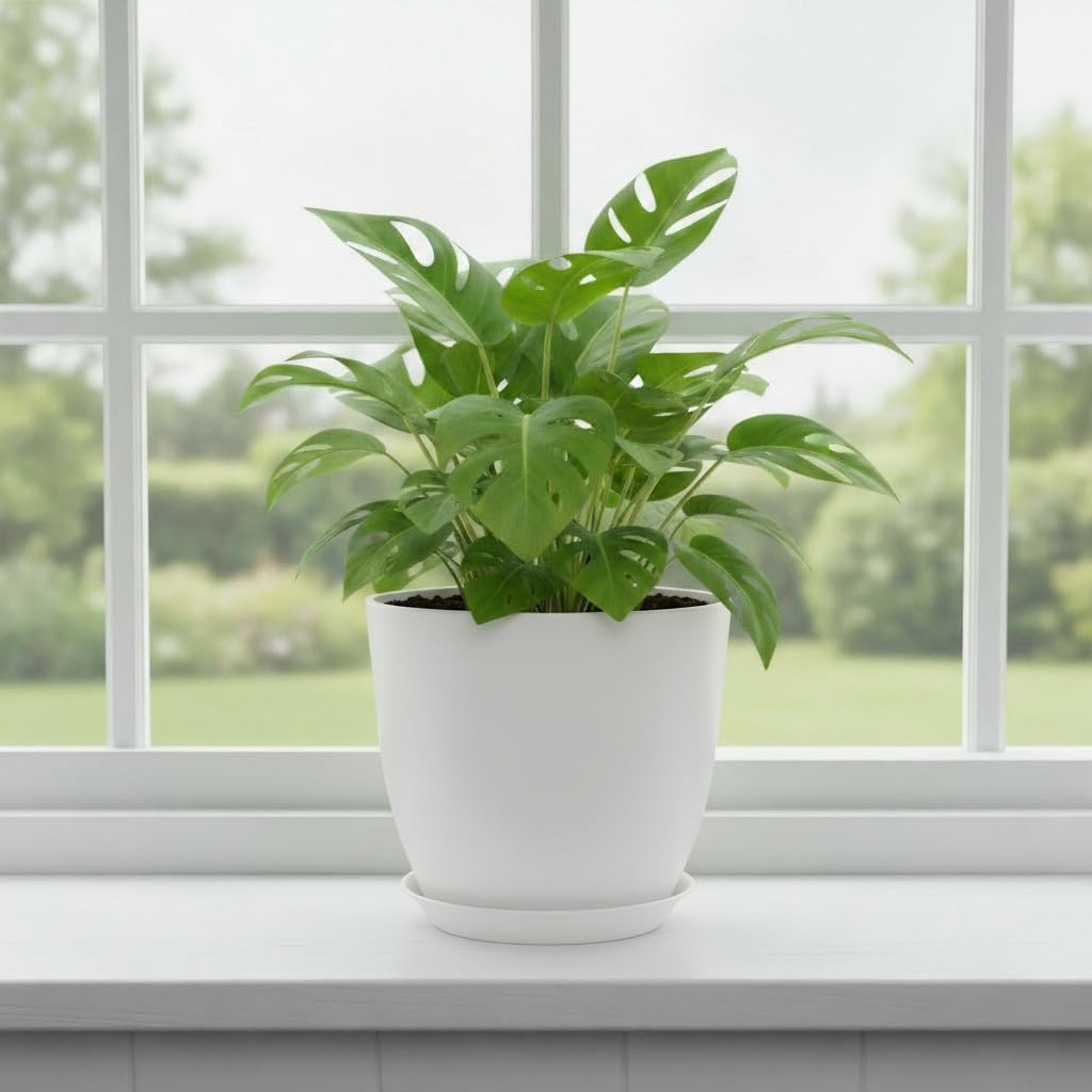 Vanslogreen Plant Pots 8 Inch Set of 6, Flower Pots with Drainage Holes and Saucer, Plastic Garden Planters for Indoor & Outdoor Plants (White)
