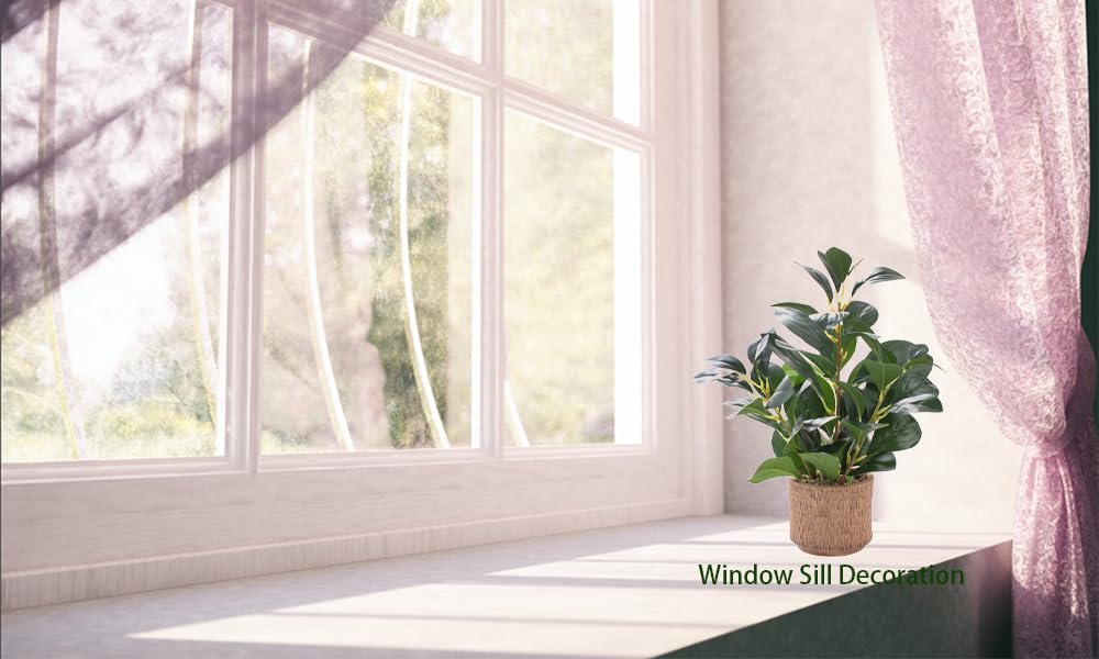 12.6" Fake Plants in Brown Ceramic Vase Real Looking and Touching Evergreen Ficus Leaf Faux Plant indoor for Book Shelf Bathroom Office Desk Kitchen Counter Bedroom Small Space Artificial Plant Decor