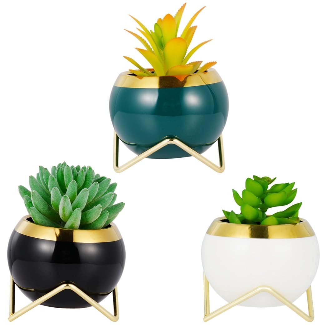 Set Of 3 Air Plant Holders, Metal Stand With Ceramic Pot For Succulents And Cacti, Cute Mini Pots For Indoor Plants
