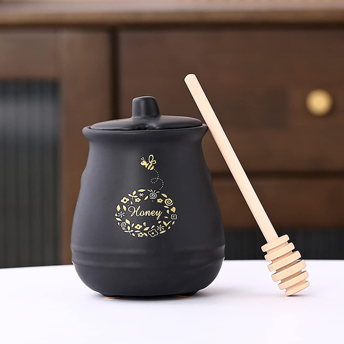 Kosmeey Ceramic Honey Jar With Wooden Honey Dipper - Honey Pot With Dipper - Black Honey Dispenser with Stand, Great Bee Decor- Farmhouse Kitchen Decoration