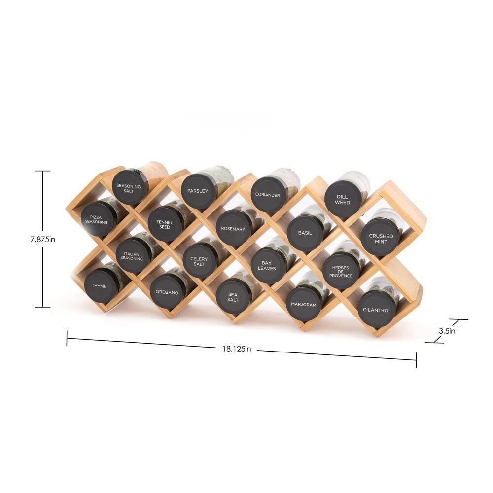 Kamenstein Criss Cross 18 Jar Bamboo Spice Rack with Spices Included - Countertop, Drawer, or Wall Mount Organizer with Refill Program