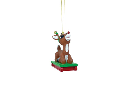 Department 56 Rudolph The Red-Nosed Reindeer Riding a Sled Hanging Ornament, 2.95 Inch, Multicolor